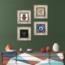 Pinecone Stone Nazar, Fatma Ana Eli (Hamsa), Hayat Ağacı Çerçeveli Taş Duvar Tablosu 4’lü Set - Dekoratif Modern Sanat, Ev ve Ofis Dekoru |TK4-1560|