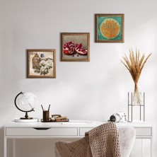 Pinecone Stone Lotus Çiçeği, Kelebekli Çiçek, Nar Ahşap Çerçeveli Taş Duvar Tablosu 3’lü Set – 25x25 cm Dekoratif Modern Sanat – Ev ve Ofis Dekoru |W3-1095|