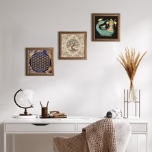 Pinecone Stone Yaşam Çiçeği, Şahmeran, Hayat Ağacı Ahşap Çerçeveli Taş Duvar Tablosu 3’lü Set – 25x25 cm Dekoratif Modern Sanat – Ev ve Ofis Dekoru |W3-167|