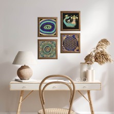 Pinecone Stone Mandala, Nazar, Yaşam Çiçeği, Şahmeran Ahşap Çerçeveli Taş Duvar Tablosu 4’lü Set – 25x25 cm Dekoratif Modern Sanat – Ev ve Ofis Dekoru |W4-780|