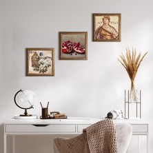 Pinecone Stone Soteria Mozaiği, Kelebekli Çiçek, Nar Ahşap Çerçeveli Taş Duvar Tablosu 3’lü Set – 25x25 cm Dekoratif Modern Sanat – Ev ve Ofis Dekoru |W3-1087|