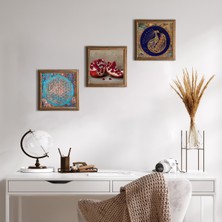 Pinecone Stone Yaşam Çiçeği, Tavus Kuşu, Nar Ahşap Çerçeveli Taş Duvar Tablosu 3’lü Set – 25x25 cm Dekoratif Modern Sanat – Ev ve Ofis Dekoru |W3-1659|