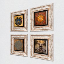 Pinecone Yaşam Çiçeği, Semazen, Sri Yantra, Nazar Taş Duvar Tablosu Çerçeveli Duvar Dekoru 4 Parça Tablo Seti Wall Art T4-636