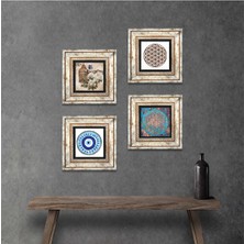 Pinecone Stone Nazar, Yaşam Çiçeği, Kelebekli Çiçek Çerçeveli Taş Duvar Tablosu 4’lü Set - Dekoratif Modern Sanat, Ev ve Ofis Dekoru |TK4-831|