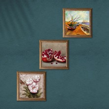 Pinecone Van Gogh Balıkçı Tekneleri, Kelebekli Çiçek, Nar Taş Duvar Tablosu Ahşap Çerçeveli Duvar Dekoru 3 Parça Tablo Seti Wall Art W3-1270