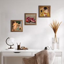 Pinecone Stone Gustav Klimt Öpücük, İki Müzisyen Kız Tablosu, Nar Ahşap Çerçeveli Taş Duvar Tablosu 3’lü Set – 25x25 cm Dekoratif Modern Sanat – Ev ve Ofis Dekoru |W3-1464|