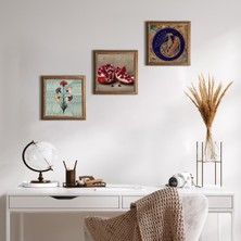 Pinecone Stone Ebru Sanatı, Tavus Kuşu, Nar Ahşap Çerçeveli Taş Duvar Tablosu 3’lü Set – 25x25 cm Dekoratif Modern Sanat – Ev ve Ofis Dekoru |W3-1667|