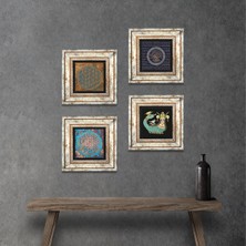 Pinecone Stone Nazar, Yaşam Çiçeği, Şahmeran Çerçeveli Taş Duvar Tablosu 4’lü Set - Dekoratif Modern Sanat, Ev ve Ofis Dekoru |TK4-479|