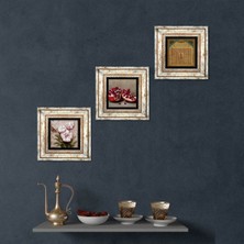 Pinecone Stone Esma'ül Hüsna, Kelebekli Çiçek, Nar Çerçeveli Taş Duvar Tablosu 3’lü Set - Dekoratif Modern Sanat, Ev ve Ofis Dekoru |TK3-1227|