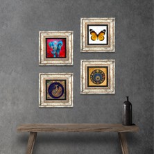 Pinecone Stone Kelebek, Fil, Tavus Kuşu, Nazar Çerçeveli Taş Duvar Tablosu 4’lü Set - Dekoratif Modern Sanat, Ev ve Ofis Dekoru |TK4-335|