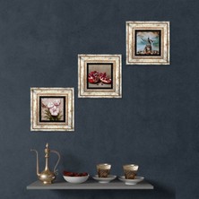 Pinecone Stone İstanbul Galata Kulesi, Kelebekli Çiçek, Nar Çerçeveli Taş Duvar Tablosu 3’lü Set - Dekoratif Modern Sanat, Ev ve Ofis Dekoru |TK3-1223|