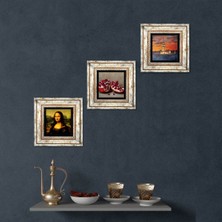 Pinecone Stone İstanbul Kız Kulesi, Leonardo da Vinci Mona Lisa, Nar Çerçeveli Taş Duvar Tablosu 3’lü Set - Dekoratif Modern Sanat, Ev ve Ofis Dekoru |TK3-1415|