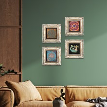 Pinecone Stone Mandala, Yaşam Çiçeği, Şahmeran Çerçeveli Taş Duvar Tablosu 4’lü Set - Dekoratif Modern Sanat, Ev ve Ofis Dekoru |TK4-488|