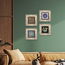 Pinecone Stone Nazar, Yaşam Çiçeği, Şahmeran Çerçeveli Taş Duvar Tablosu 4’lü Set - Dekoratif Modern Sanat, Ev ve Ofis Dekoru |TK4-493|