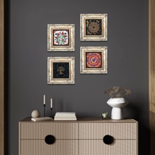 Pinecone Stone Mandala, Sri Yantra, Lale, Hayat Ağacı Çerçeveli Taş Duvar Tablosu 4’lü Set - Dekoratif Modern Sanat, Ev ve Ofis Dekoru |TK4-1012|