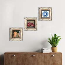 Pinecone Stone Nazar, İki Müzisyen Kız Tablosu, Nar Çerçeveli Taş Duvar Tablosu 3’lü Set - Dekoratif Modern Sanat, Ev ve Ofis Dekoru |TK3-1503|