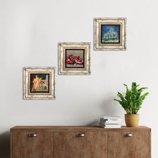 Pinecone Stone Van Gogh Auvers'deki Kilise, İki Müzisyen Kız Tablosu, Nar Çerçeveli Taş Duvar Tablosu 3’lü Set - Dekoratif Modern Sanat, Ev ve Ofis Dekoru |TK3-1513|