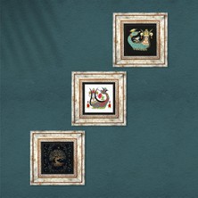 Pinecone Hayat Ağacı, Şahmeran Taş Duvar Tablosu Çerçeveli Duvar Dekoru 3 Parça Tablo Seti Wall Art T3-161