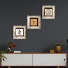 Pinecone Stone Hiç, Elif Vav, Şems Suresi Çerçeveli Taş Duvar Tablosu 3’lü Set - Dekoratif Modern Sanat, Ev ve Ofis Dekoru |TK3-1758|