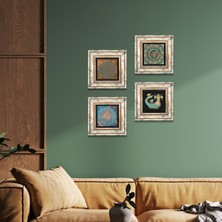 Pinecone Stone Mandala, Yaşam Çiçeği, Şahmeran Çerçeveli Taş Duvar Tablosu 4’lü Set - Dekoratif Modern Sanat, Ev ve Ofis Dekoru |TK4-489|