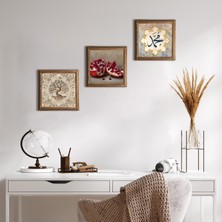 Pinecone Stone Hz. Muhammed Lafzı, Hayat Ağacı, Nar Ahşap Çerçeveli Taş Duvar Tablosu 3’lü Set – 25x25 cm Dekoratif Modern Sanat – Ev ve Ofis Dekoru |W3-917|
