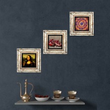 Pinecone Stone Mandala, Leonardo da Vinci Mona Lisa, Nar Çerçeveli Taş Duvar Tablosu 3’lü Set - Dekoratif Modern Sanat, Ev ve Ofis Dekoru |TK3-1436|