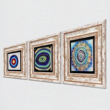 Pinecone Mandala, Nazar Taş Duvar Tablosu Çerçeveli Duvar Dekoru 3 Parça Tablo Seti Wall Art T3-144