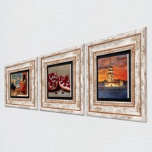Pinecone İstanbul Kız Kulesi, Satranç Oyunu, Nar Taş Duvar Tablosu Çerçeveli Duvar Dekoru 3 Parça Tablo Seti Wall Art T3-1597