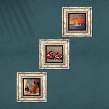 Pinecone İstanbul Kız Kulesi, Satranç Oyunu, Nar Taş Duvar Tablosu Çerçeveli Duvar Dekoru 3 Parça Tablo Seti Wall Art T3-1597