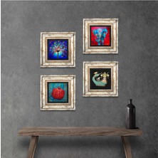 Pinecone Stone Fil, Hayat Ağacı, Şahmeran, Nar Çerçeveli Taş Duvar Tablosu 4’lü Set - Dekoratif Modern Sanat, Ev ve Ofis Dekoru |TK4-857|