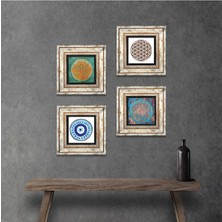 Pinecone Stone Nazar, Lotus Çiçeği, Yaşam Çiçeği Çerçeveli Taş Duvar Tablosu 4’lü Set - Dekoratif Modern Sanat, Ev ve Ofis Dekoru |TK4-838|