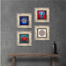 Pinecone Stone Fil, Yaşam Çiçeği, Hayat Ağacı, Nar Çerçeveli Taş Duvar Tablosu 4’lü Set - Dekoratif Modern Sanat, Ev ve Ofis Dekoru |TK4-863|