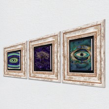 Pinecone Hayat Ağacı, Nazar Taş Duvar Tablosu Çerçeveli Duvar Dekoru 3 Parça Tablo Seti Wall Art T3-1780