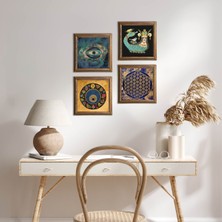 Pinecone Stone Yaşam Çiçeği, Nazar, Şahmeran Ahşap Çerçeveli Taş Duvar Tablosu 4’lü Set – 25x25 cm Dekoratif Modern Sanat – Ev ve Ofis Dekoru |W4-790|