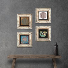 Pinecone Stone Yaşam Çiçeği, Şahmeran Çerçeveli Taş Duvar Tablosu 4’lü Set - Dekoratif Modern Sanat, Ev ve Ofis Dekoru |TK4-472|