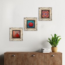 Pinecone Stone Mandala, Nar Çerçeveli Taş Duvar Tablosu 3’lü Set - Dekoratif Modern Sanat, Ev ve Ofis Dekoru |TK3-192|