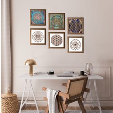 Pinecone Sri Yantra, Yaşam Çiçeği Taş Duvar Tablosu Ahşap Çerçeveli Duvar Dekoru 6 Parça Tablo Seti Wall Art W6-39
