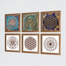 Pinecone Sri Yantra, Yaşam Çiçeği Taş Duvar Tablosu Ahşap Çerçeveli Duvar Dekoru 6 Parça Tablo Seti Wall Art W6-39