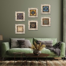 Pinecone Stone Nazar, Sri Yantra, Lotus Çiçeği, Yaşam Çiçeği Çerçeveli Taş Duvar Tablosu 6’lı Set - Dekoratif Modern Sanat, Ev ve Ofis Dekoru |TK6-60|