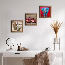 Pinecone Stone Fil, Kelebekli Çiçek, Nar Ahşap Çerçeveli Taş Duvar Tablosu 3’lü Set – 25x25 cm Dekoratif Modern Sanat – Ev ve Ofis Dekoru |W3-1100|