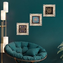 Pinecone Stone Sri Yantra, Yaşam Çiçeği Çerçeveli Taş Duvar Tablosu 3’lü Set - Dekoratif Modern Sanat, Ev ve Ofis Dekoru |TK3-133|