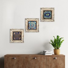 Pinecone Stone Mandala, Nazar, Yaşam Çiçeği Çerçeveli Taş Duvar Tablosu 3’lü Set - Dekoratif Modern Sanat, Ev ve Ofis Dekoru |TK3-334|