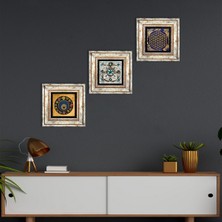 Pinecone Stone Yaşam Çiçeği, Nazar Boncuğu, Çini Sanatı Çerçeveli Taş Duvar Tablosu 3’lü Set - Dekoratif Modern Sanat, Ev ve Ofis Dekoru |TK3-358|