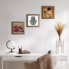 Pinecone Stone Gustav Klimt Öpücük, Nar, Fatma Ana Eli (Hamsa) Ahşap Çerçeveli Taş Duvar Tablosu 3’lü Set – 25x25 cm Dekoratif Modern Sanat – Ev ve Ofis Dekoru |W3-712|