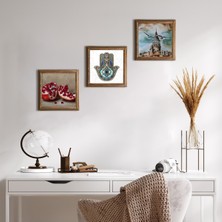 Pinecone Stone İstanbul Galata Kulesi, Nar, Fatma Ana Eli (Hamsa) Ahşap Çerçeveli Taş Duvar Tablosu 3’lü Set – 25x25 cm Dekoratif Modern Sanat – Ev ve Ofis Dekoru |W3-724|