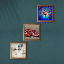 Pinecone Hayat Ağacı, Leonardo da Vinci At Heykeli, Nar Taş Duvar Tablosu Ahşap Çerçeveli Duvar Dekoru 3 Parça Tablo Seti Wall Art W3-1302