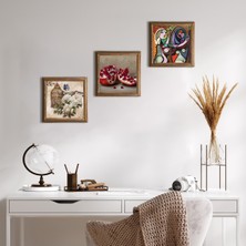 Pinecone Stone Picasso Ayna Karşısındaki Kız, Kelebekli Çiçek, Nar Ahşap Çerçeveli Taş Duvar Tablosu 3’lü Set – 25x25 cm Dekoratif Modern Sanat – Ev ve Ofis Dekoru |W3-1117|