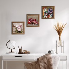 Pinecone Stone Picasso Ayna Karşısındaki Kız, Kelebekli Çiçek, Nar Ahşap Çerçeveli Taş Duvar Tablosu 3’lü Set – 25x25 cm Dekoratif Modern Sanat – Ev ve Ofis Dekoru |W3-1275|