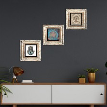 Pinecone Stone Yaşam Çiçeği, Hayat Ağacı, Fatma Ana Eli (Hamsa) Çerçeveli Taş Duvar Tablosu 3’lü Set - Dekoratif Modern Sanat, Ev ve Ofis Dekoru |TK3-316|