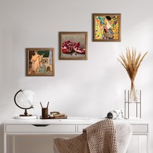Pinecone Stone Gustav Klimt Yelpazeli Kadın, İki Müzisyen Kız, Nar Ahşap Çerçeveli Taş Duvar Tablosu 3’lü Set – 25x25 cm Dekoratif Modern Sanat – Ev ve Ofis Dekoru |W3-1508|